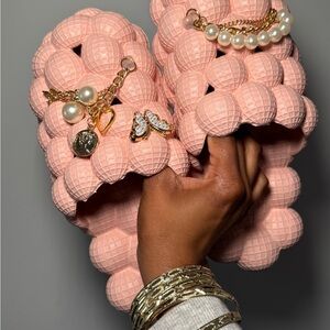 Pink Bubble Slide Sandals with Pearl and Gold Accents